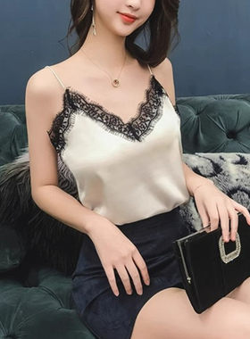春夏蕾丝吊带背心女内搭缎面v领