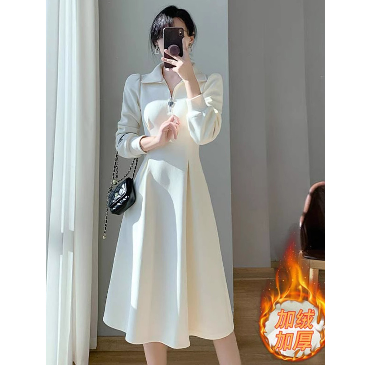女神范加绒加厚连衣裙女秋冬新款高级感配大衣气质内搭打底长裙子