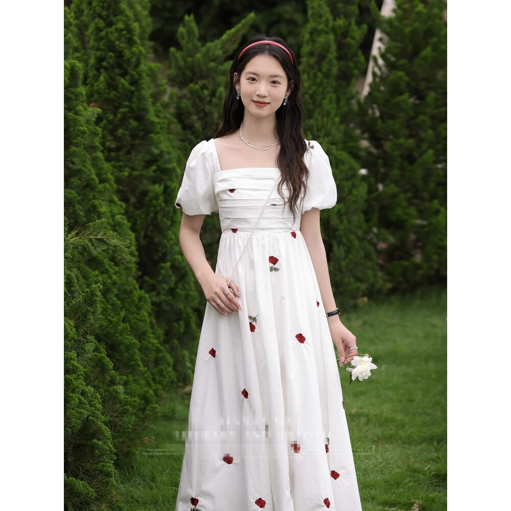 学生茶歇法式泡泡袖白色连衣裙子夏季新款女装高级感气质仙女长裙