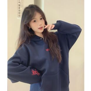 高街美式 加绒加厚学院风宽松百搭简约上衣潮 刺绣连帽卫衣女秋冬季
