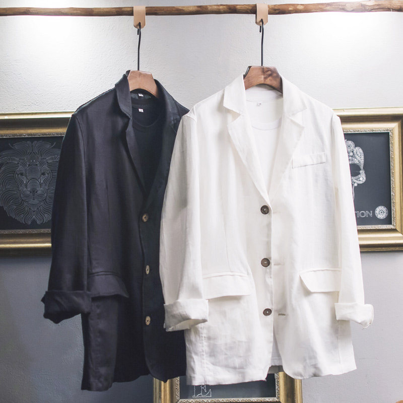 亚麻西装男平驳头休闲显瘦西服夏季防晒西装外套轻薄开衫上衣