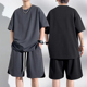 男夏季 短裤 大码 美式 套装 T恤上衣男装 宽松运动服男士 复古简约短袖
