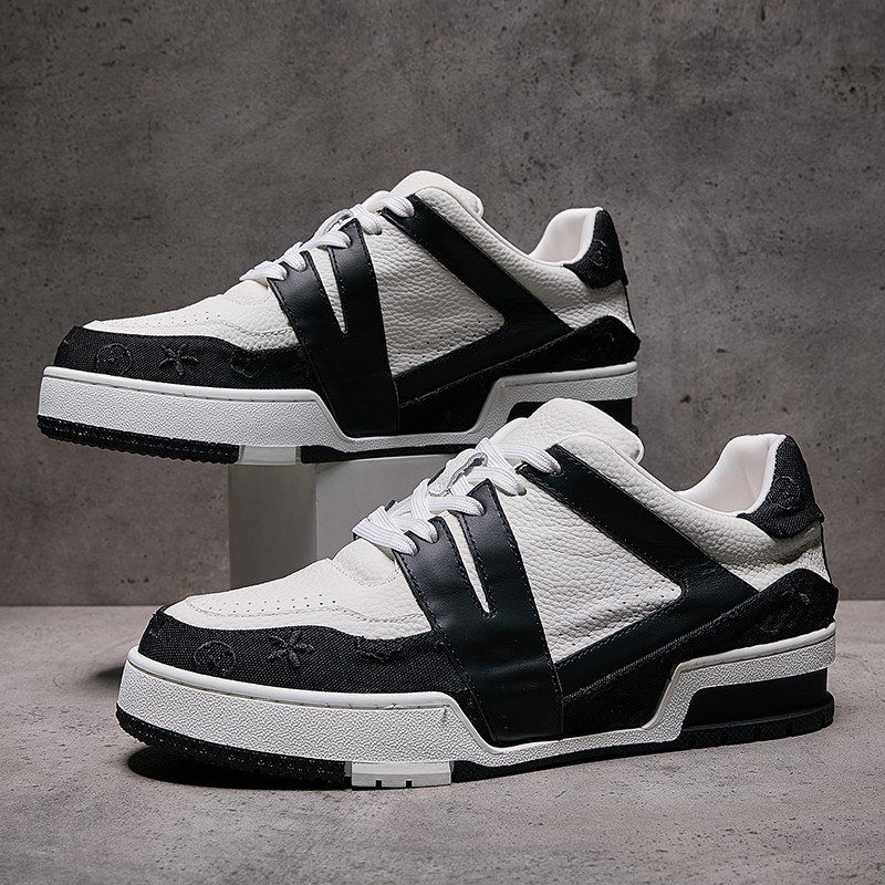 2025秋季新款男鞋真皮黑白拼色时尚潮牌运动休闲鞋厚底增高板鞋男