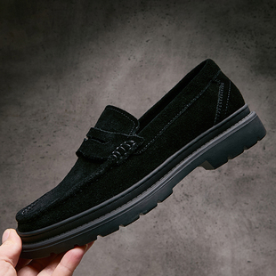 欧洲站秋季新款乐福鞋男真皮黑色复古套脚懒人鞋磨砂牛皮商务皮鞋