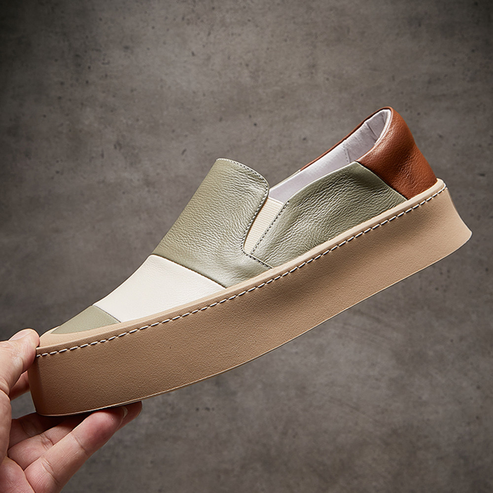 欧洲站夏季新款乐福鞋男真皮时尚拼色厚底增高套脚懒人鞋高端板鞋