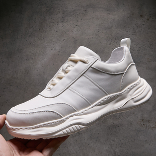 欧洲站春季新款男鞋真皮时尚百搭小白鞋男厚底增高软底运动跑步鞋