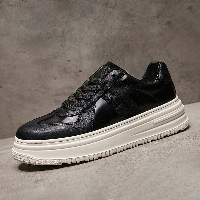 2025春夏季新款男鞋真皮拼接黑色时尚运动休闲鞋厚底增高德训板鞋