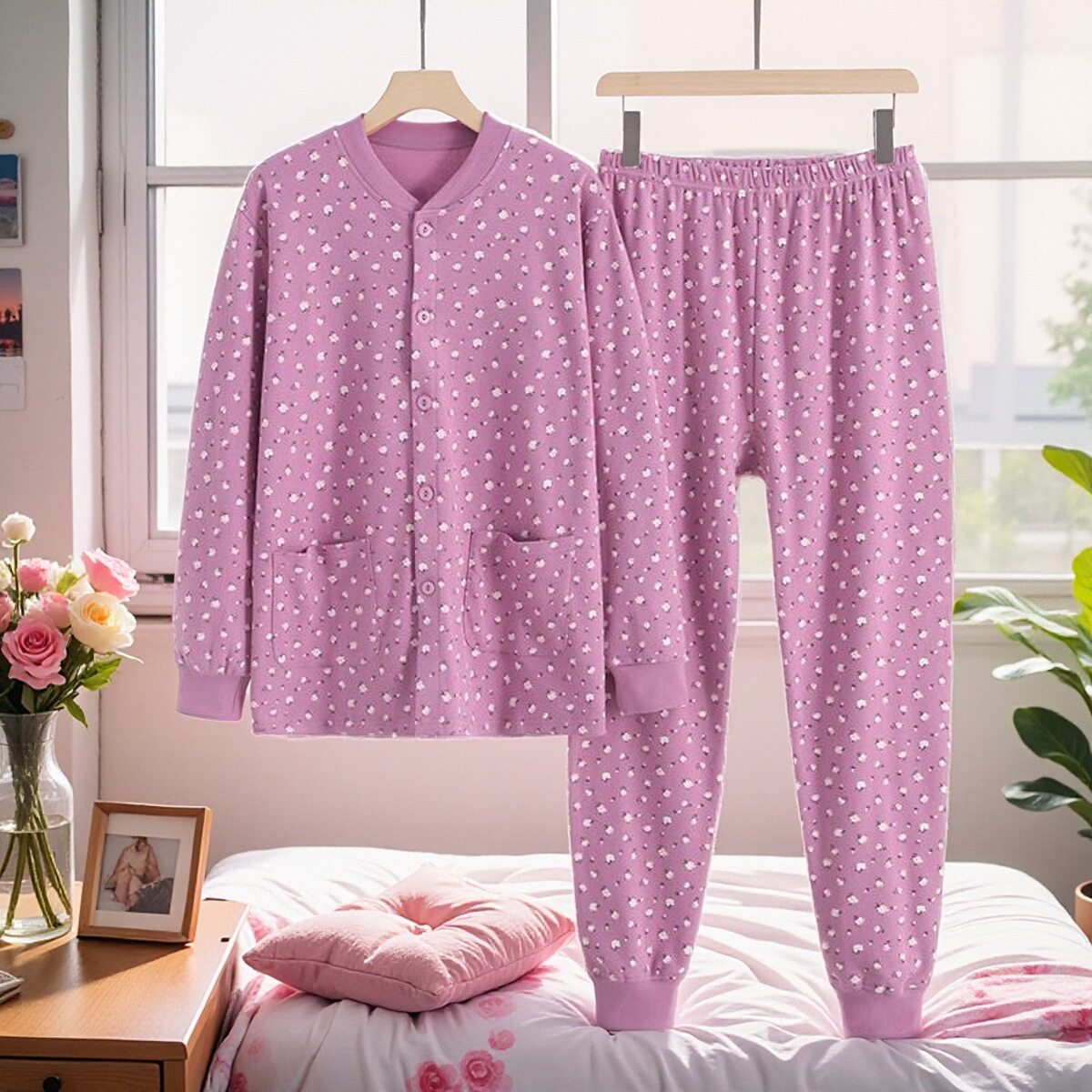 妈妈纯棉开衫秋衣秋裤中老年人女宽松大码线衣线裤开身棉毛衫套装