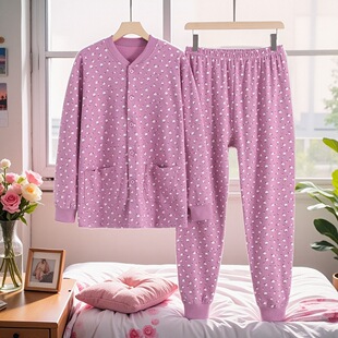 秋衣秋裤 套装 中老年人女宽松大码 开身棉毛衫 线衣线裤 妈妈纯棉开衫