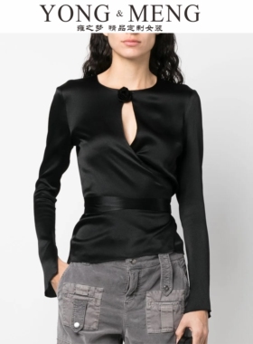 小众设计黑色轻奢缎面玫瑰花斜门襟内搭上衣长袖气质名媛衬衫衬衣