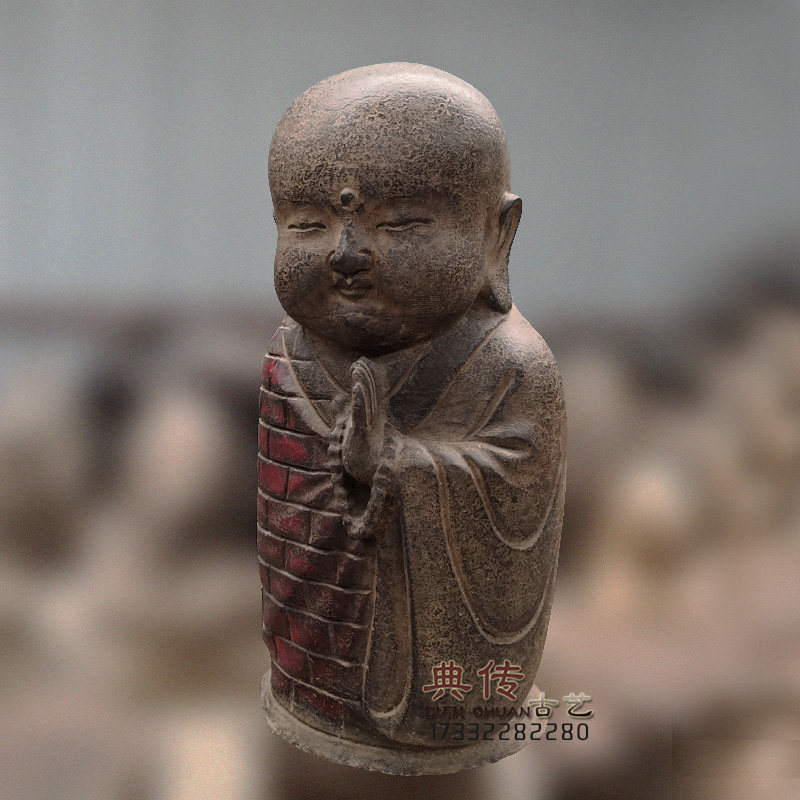 仿古石雕彩绘超萌小和尚中式玄关青石摆件家用佛像雕像工艺品