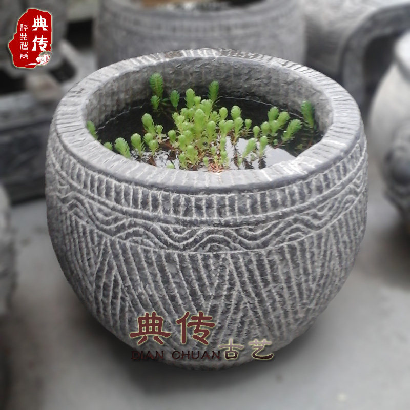 石雕圆缸仿古花园石头鱼缸花盆水景观赏石缸蒲草金鱼池水缸睡莲盆