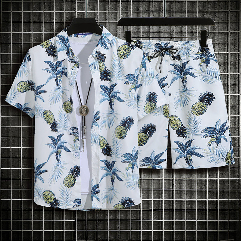 海边度假短袖花衬衫男海南沙滩服短裤套装夏威夷三亚港风复古衬衣