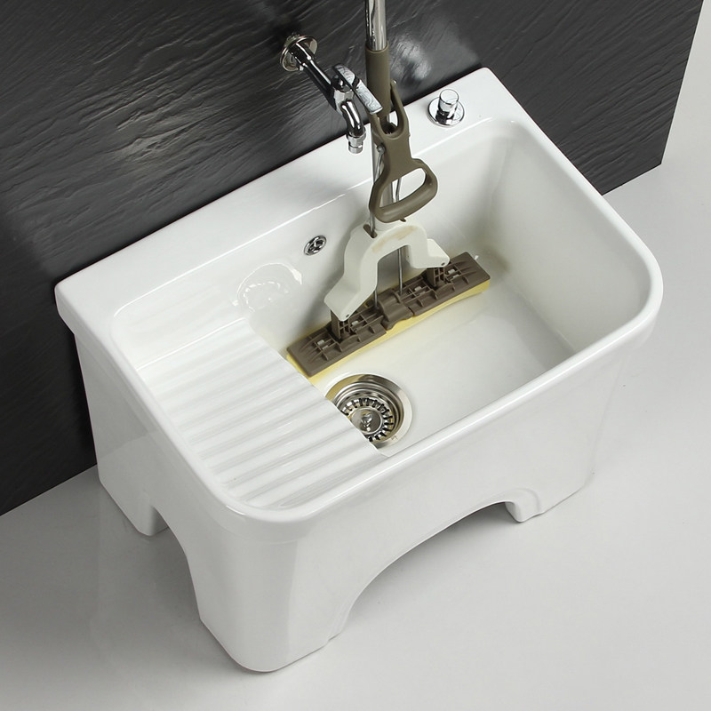 拖把池陶瓷桶卫生间墩布池大号拖布盆加高阳台池清洗带搓衣板侧排