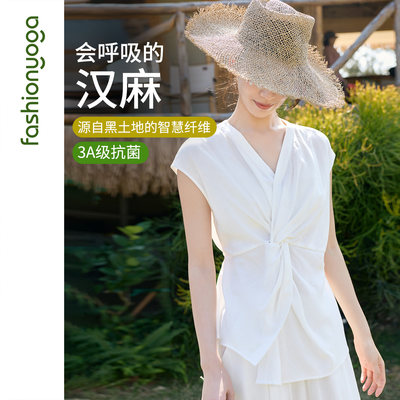 凡圣瑜伽服2026新款汉麻简约休闲禅风抽绳显瘦外搭短袖FM16309