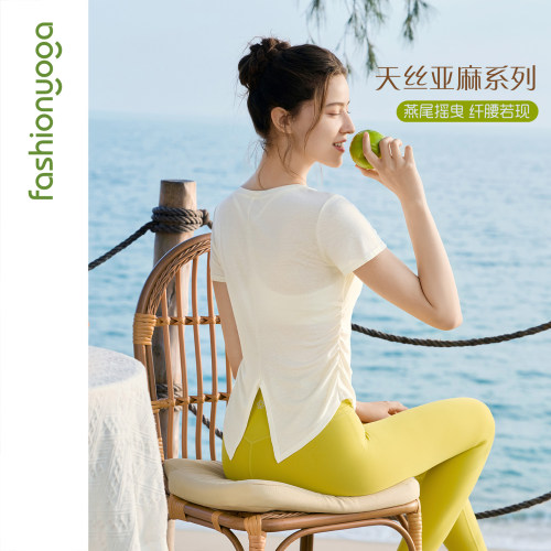 凡圣瑜伽天丝亚麻透气吸汗运动T恤抽褶显瘦休闲外搭短袖F16311