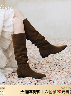 73hours女鞋纳什维尔2025冬季新款尖头棕色长筒西部靴显瘦堆堆靴