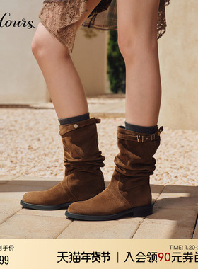 73hours女鞋游牧骑士2025冬季新款尖头牛仔西部靴美拉德堆堆靴女