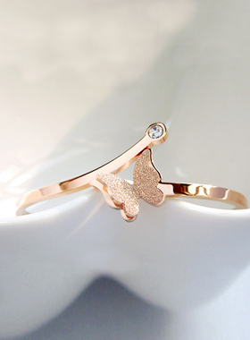 精致磨砂蝴蝶结镶钻手镯女14K玫瑰金钛钢戒指开口可调尾戒