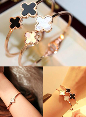 检漏双花白贝母四叶草手镯女18K玫瑰金黑白钛钢单花手环日韩时尚