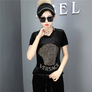 金丝绒半袖T恤女冬2024时尚新款百搭修身显瘦彩钻圆领大码打底衫