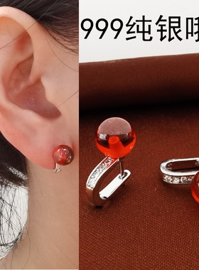 S999纯银红色石榴石耳钉2025新款爆款养耳洞耳环女高级感耳扣耳饰