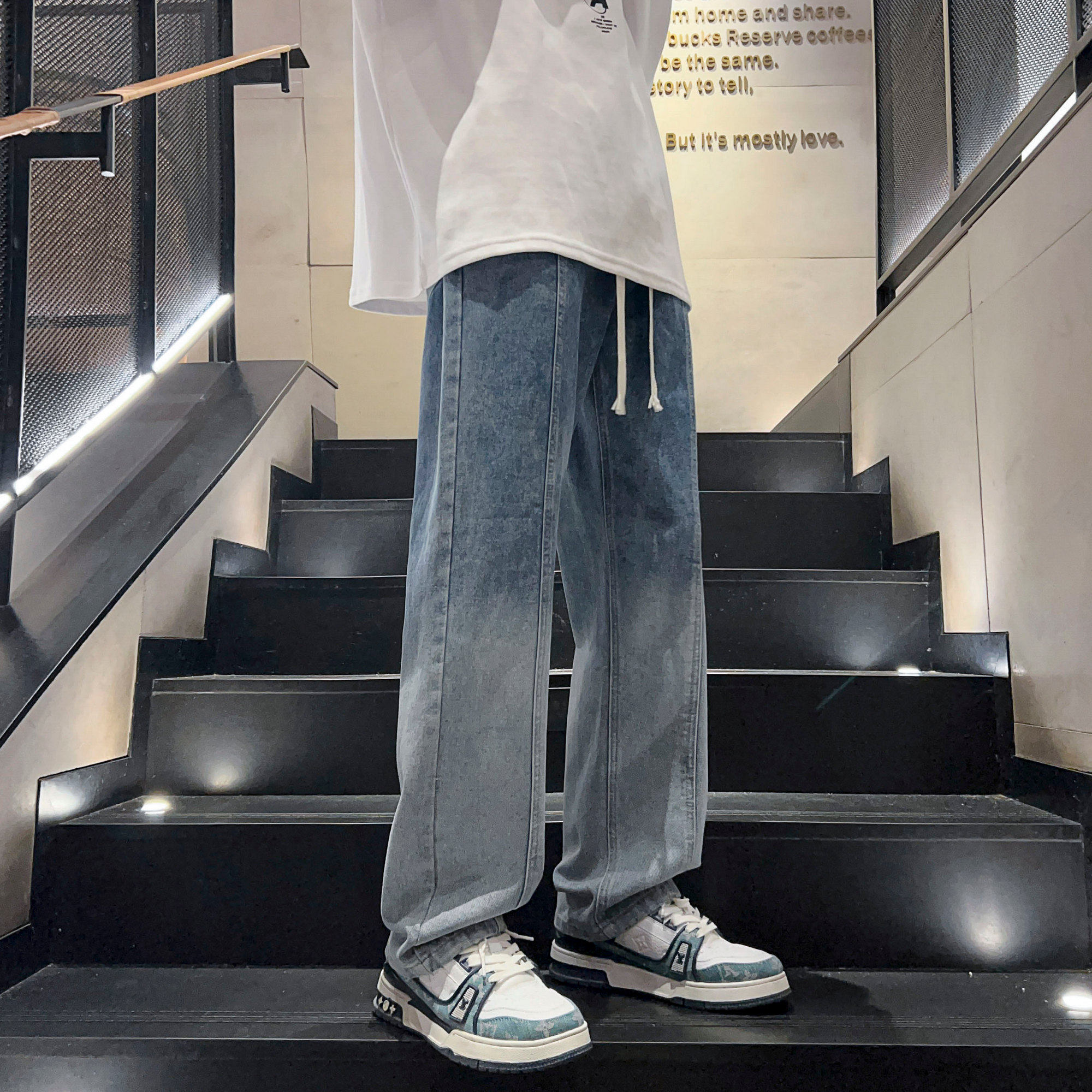 直播 男港风渐变色拼接编织抽绳牛仔长裤拖地裤N2311P50图片