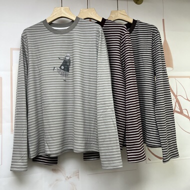 水木工芳2025冬季新款百搭显瘦休闲圆领石墨烯条纹长袖T恤女9163