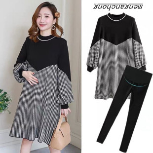 连衣裙套装 女不显怀秋冬款 时尚 上衣新款 加绒潮妈遮肚裙 款 孕妇秋装