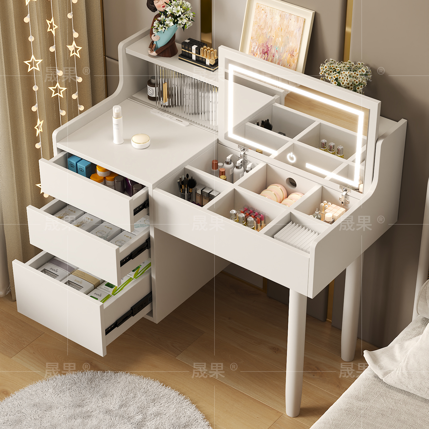 实木梳妆台卧室现代简约化妆桌网红奶油风小户型梳妆桌家用储物柜