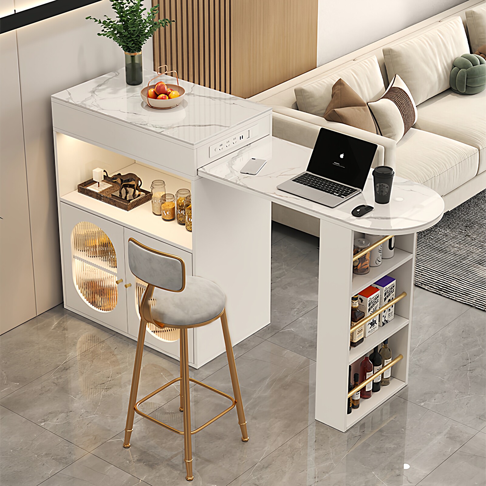 家用小户型可伸缩旋转高脚桌网红客厅吧台桌带插排轻奢餐边柜休闲