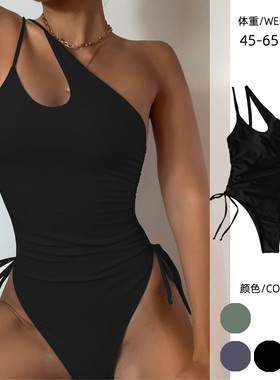 ins系带连体泳衣女2022新爆款性感单肩高叉黑色外单显瘦度假显臀