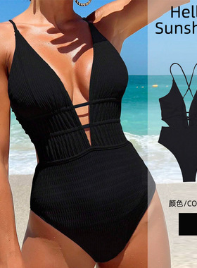 2024新款连体泳衣女欧美深V领性感纯欲风绑带挂脖黑色高级感温泉