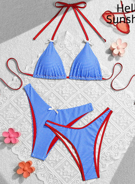 2025新款甜美风蝴蝶结碎花格子女士分体度假泳衣挂脖比基尼沙滩
