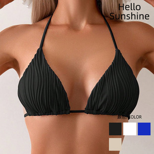 2025新款纯色黑白色Bikini泳衣性感单上衣女士分体泳装挂脖比基尼