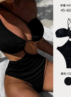 黑色显瘦单肩高叉连体辣妹小胸性感比基尼泳衣大胸纯欲网红风外贸