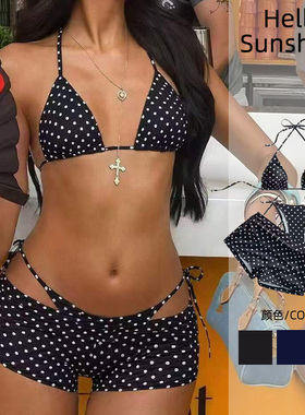 性感时尚比基尼三件套泳衣复古波点系带欧美平角裤bikini泳装沙滩