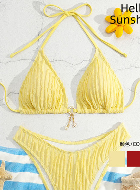 2025欧美新款小清新硬纹理布泳衣抽绳绑带挂脖海边泳装时尚比基尼