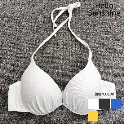 欧美单件上衣聚拢黑白色挂脖钢托比基尼高腰遮肚显瘦泳衣女bikini
