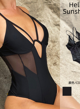 2026欧美高腰黑色比基尼时尚连体泳衣女士纯色交叉吊带泳装显瘦