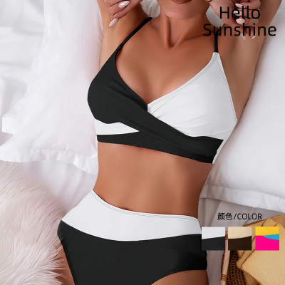 性感黑白拼色分体泳衣锦纶比基尼