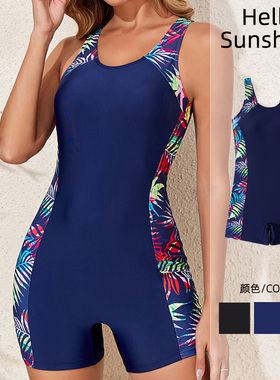 2025新款女印花拼接性感泳衣欧美连体平角裤时尚运动保守沙滩泳装