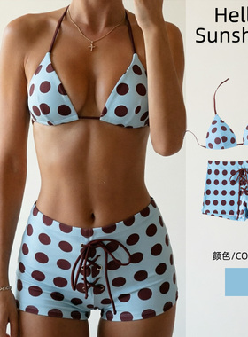 硬包分体泳衣女蓝色波点bikini系带挂脖保守平角裤比基尼度假风
