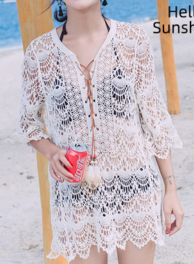 海边度假薄款镂空比基尼罩衫游泳衣外搭长袖中长款沙滩防晒衣外套