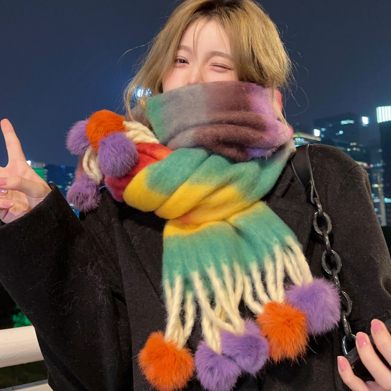 彩虹蛋糕系列秋冬季马海毛多巴胺保暖围巾女学生百搭流苏毛球围脖