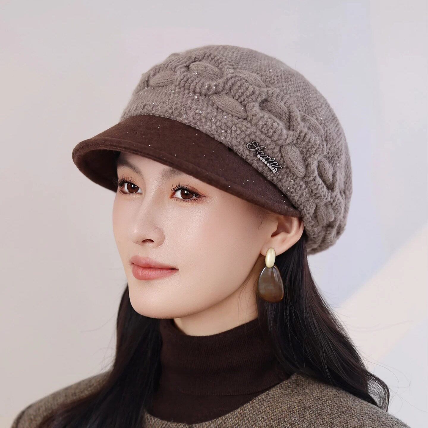 中老年老人冬天帽子女妈妈兔毛线帽加厚保暖针织帽冬季韩版鸭舌帽