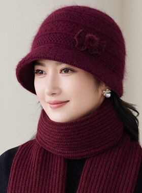 兔毛线帽奶奶老人保暖帽渔夫帽女