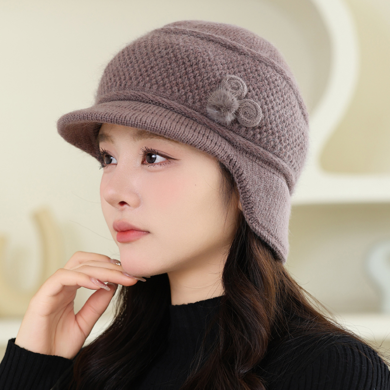 中老年帽子女士秋冬季妈妈兔毛保暖防风鸭舌毛线帽护耳奶奶针织帽
