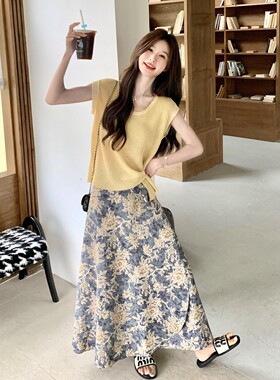 法式浪漫度假风针织衫碎花半身裙套装女两件套6258P145K208