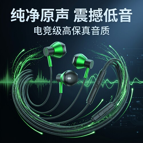 适用于iQOOOPPO华为有线通用耳机type接口圆孔游戏电竞入耳式扁头